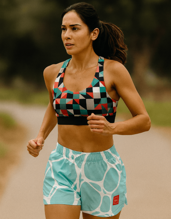 Woman running outdoors wearing a colorful sports bra and patterned shorts.