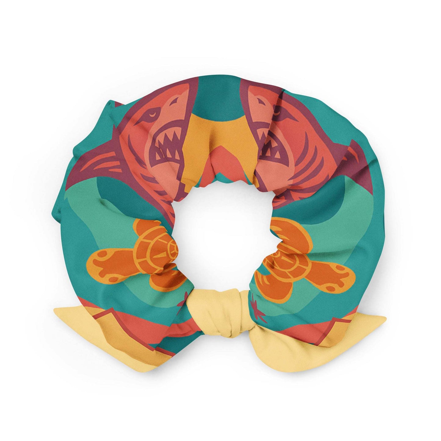 unik.fashion sustainable fashion scrunchie in teal and orange with bold shark and turtle design