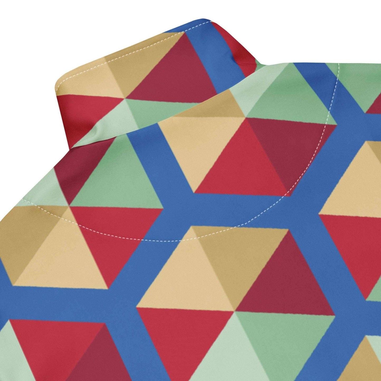 Close-up of colorful geometric pattern on eco-friendly track jacket by unik fashion