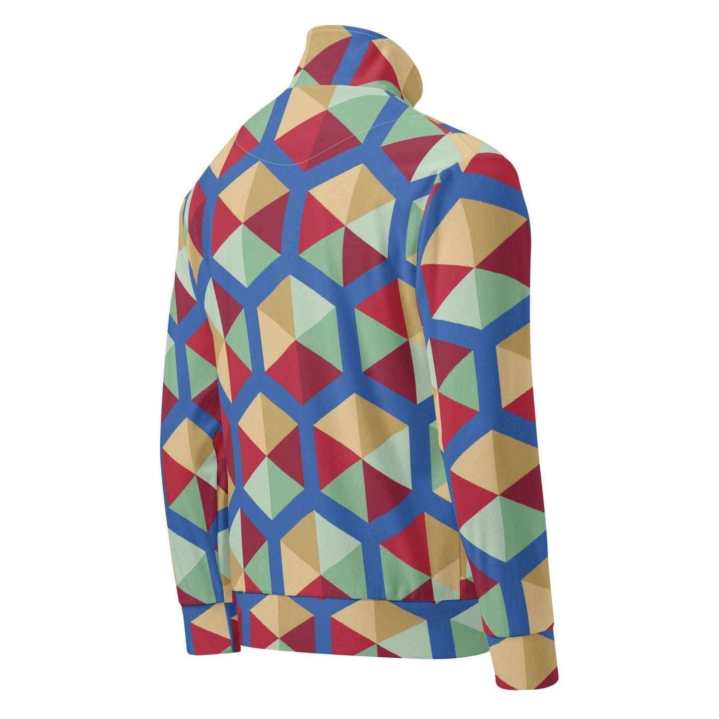 unik.fashion eco-friendly track jacket with colorful geometric pattern and high collar design