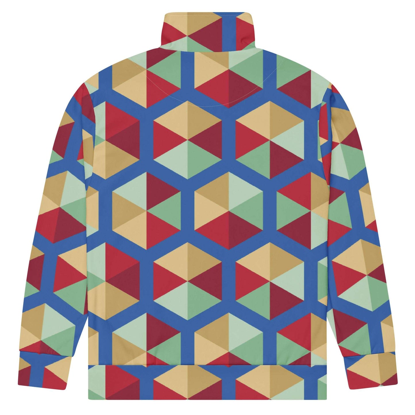 unik.fashion eco-friendly track jacket with geometric multicolor cube pattern and high collar design