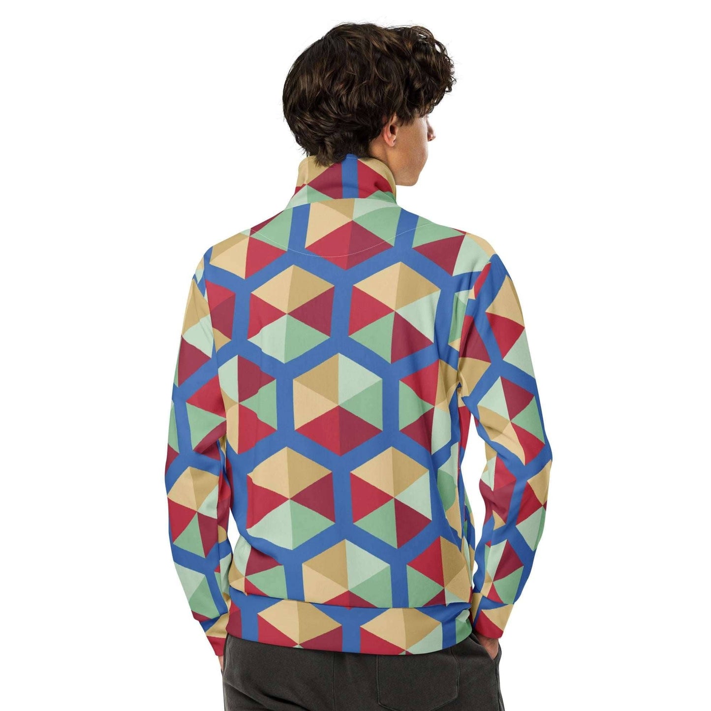Back view of man wearing unik.fashion eco-friendly track jacket with colorful geometric pattern