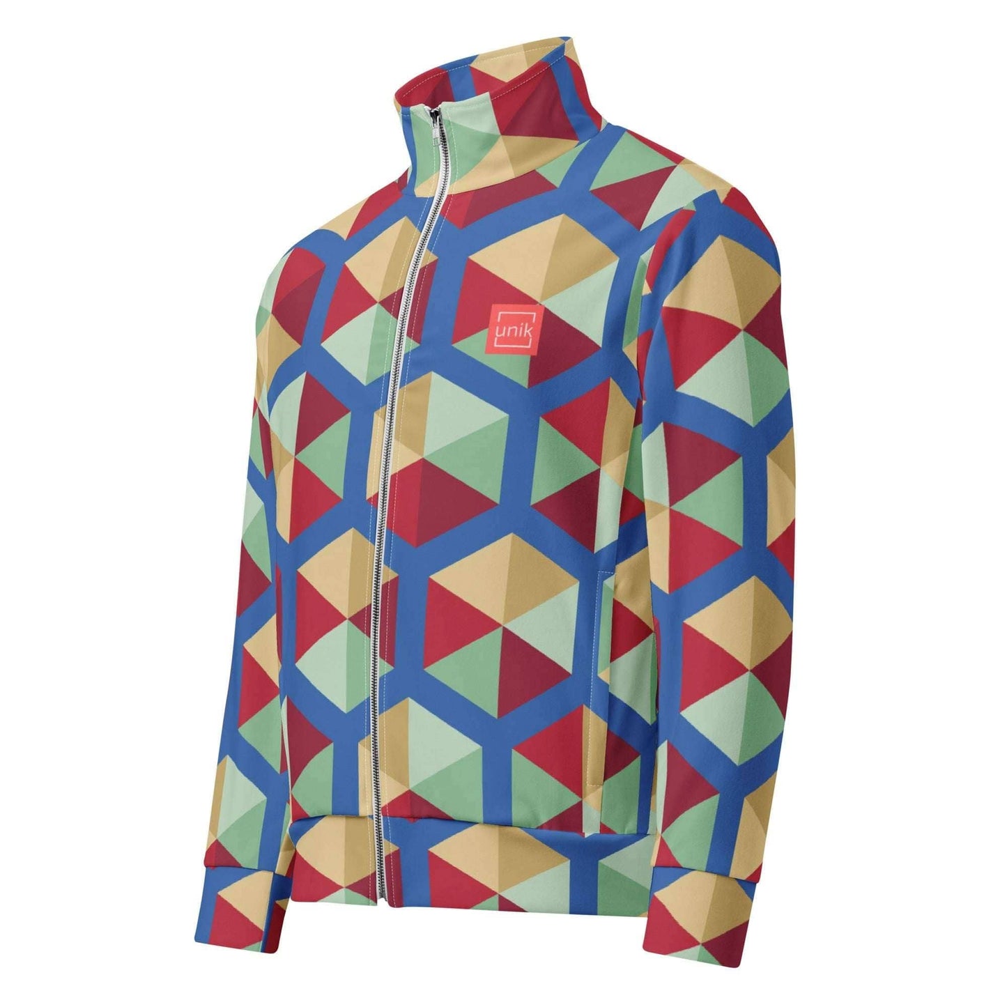 unik.fashion eco-friendly track jacket with colorful geometric pattern and front zipper