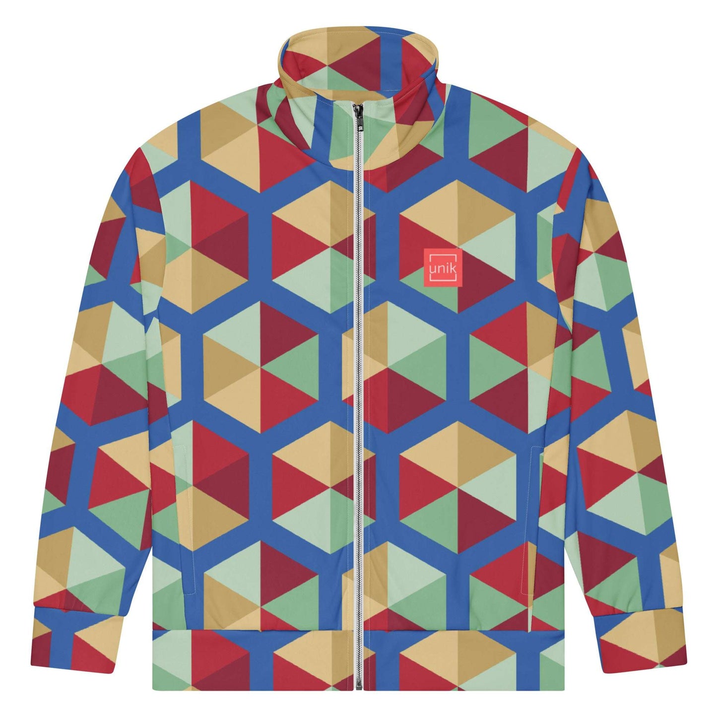 unik.fashion eco-friendly track jacket with colorful geometric pattern and full front zipper