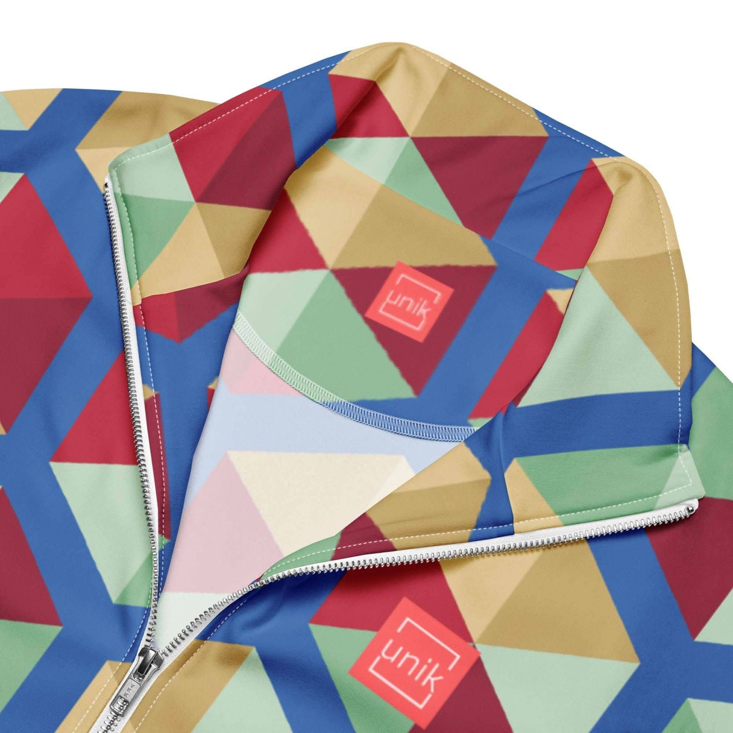 unik.fashion eco-friendly track jacket with colorful geometric pattern and zipper closure