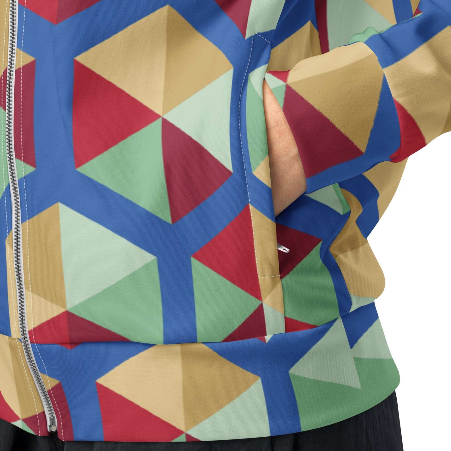 unik.fashion eco-friendly track jacket with colorful geometric pattern and zippered front pocket