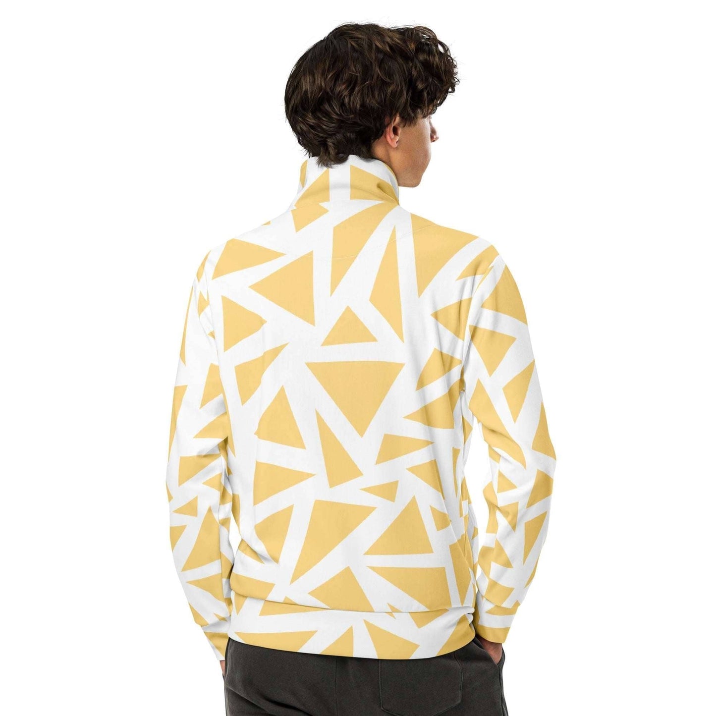 unik.fashion sustainable track jacket with yellow and white geometric pattern worn by male model from back