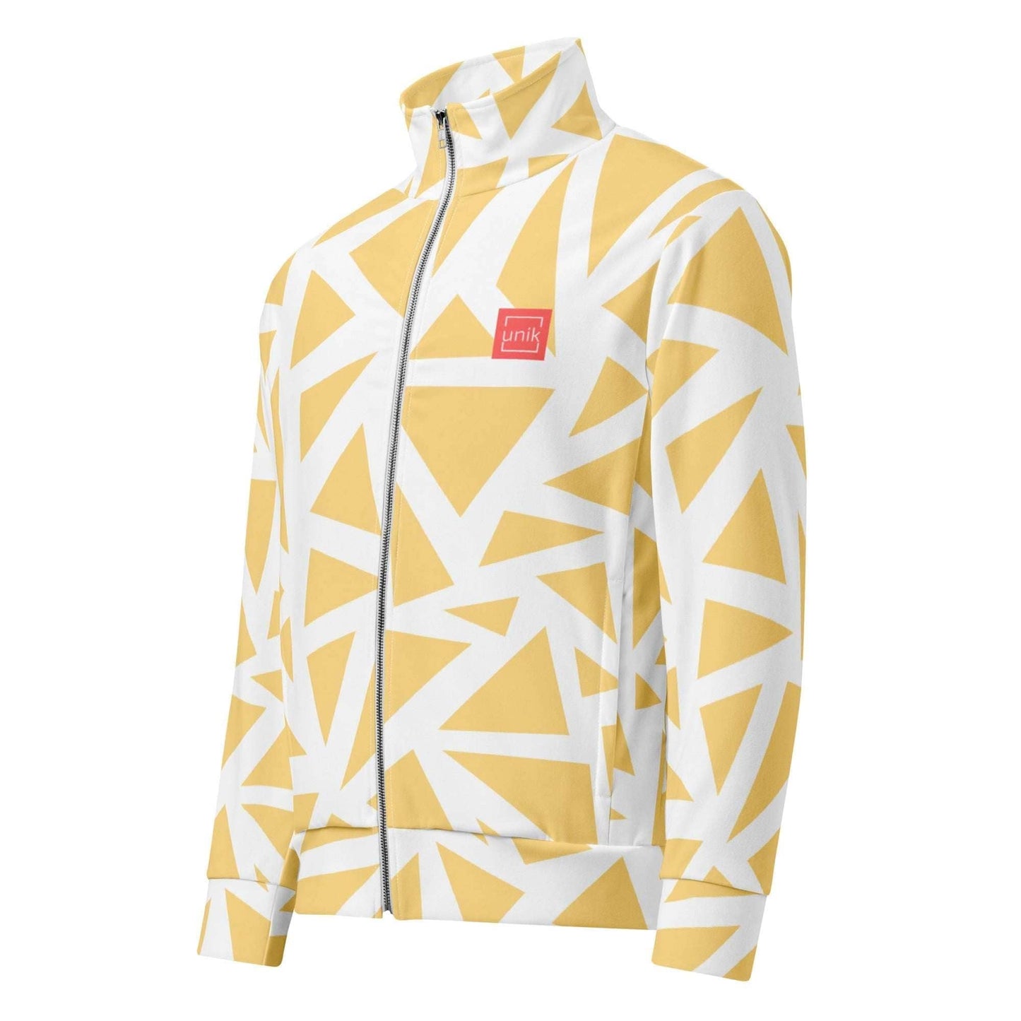 unik fashion sustainable track jacket with yellow and white geometric pattern and front zipper