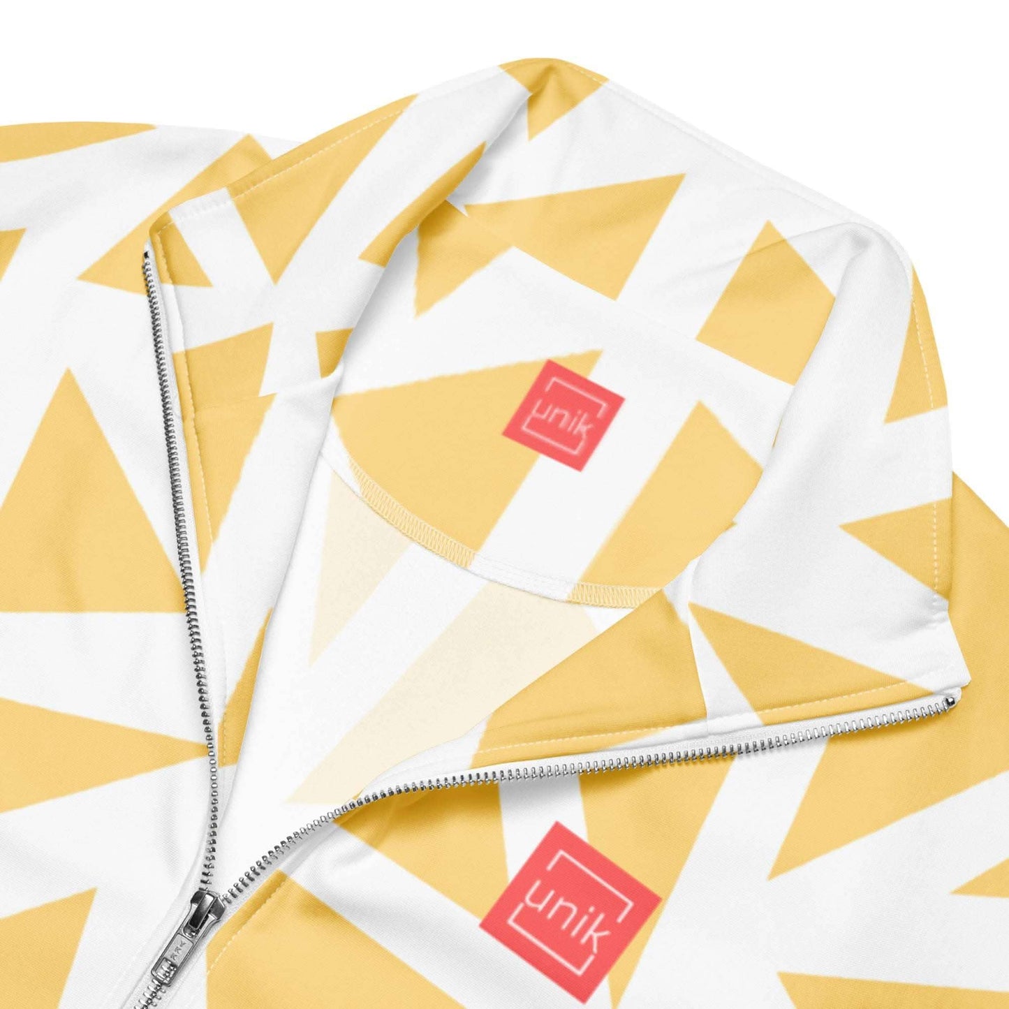 unik.fashion sustainable track jacket with yellow and white geometric pattern and front zipper