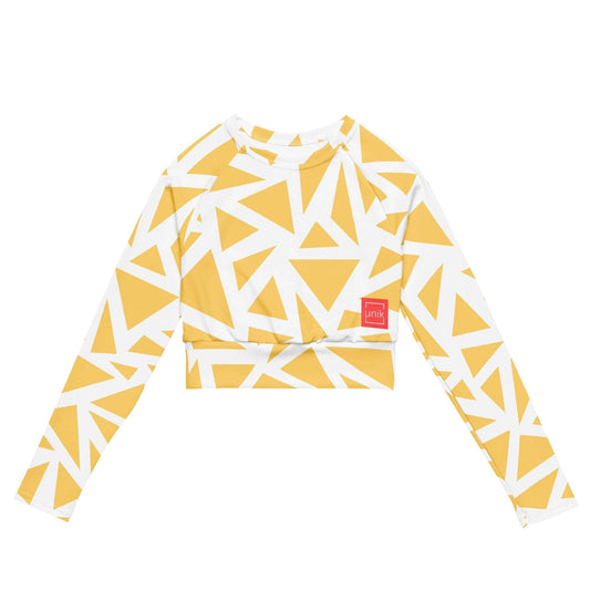 unik.fashion eco-friendly geometric print crop top with long sleeves in yellow and white pattern