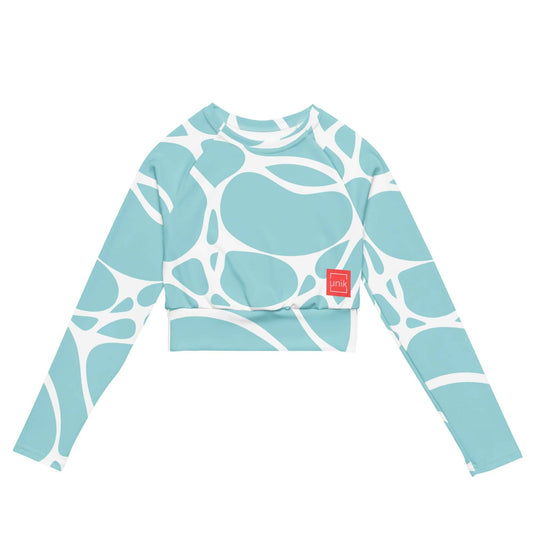unik.fashion eco-friendly cropped shirt with long sleeves and abstract blue and white pattern