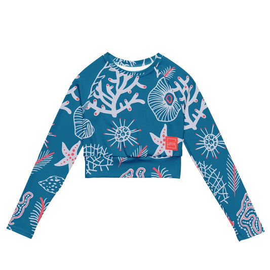 Blue long sleeve eco-friendly fashion top with coral and sea life pattern by unik.fashion