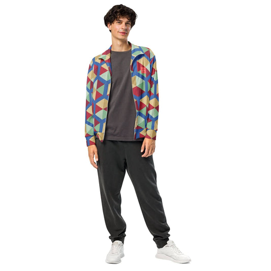 Unik.fashion eco-friendly track jacket with colorful geometric pattern worn by male model