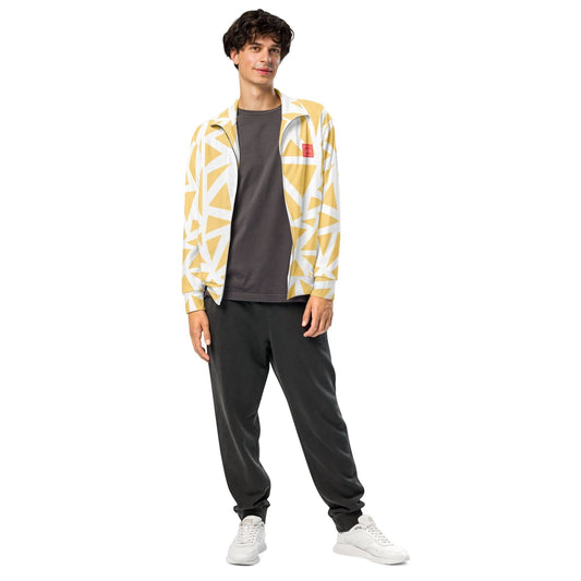 Unik.fashion sustainable track jacket with yellow and white geometric pattern worn by male model