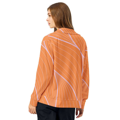 unik.fashion sustainable track jacket orange with pink abstract stripes on a woman from the back