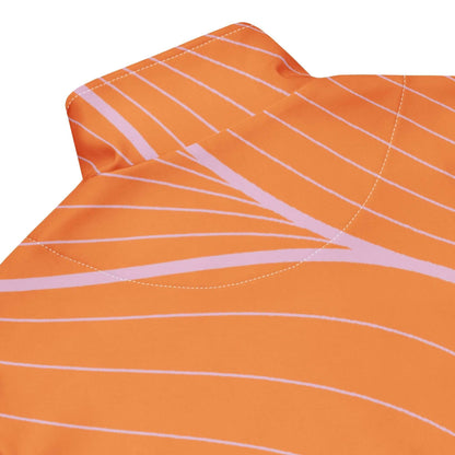 unik.fashion orange sustainable track jacket with light pink stripe design on collar and shoulder