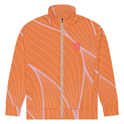 unik.fashion orange sustainable track jacket with pink abstract lines and full front zipper