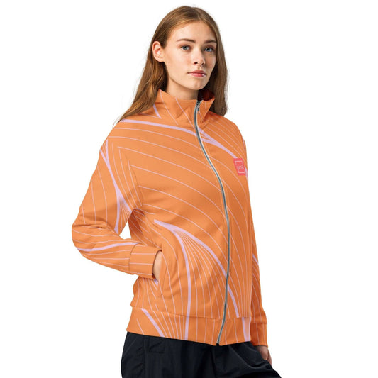 unik.fashion sustainable track jacket in orange with white abstract lines and front zipper