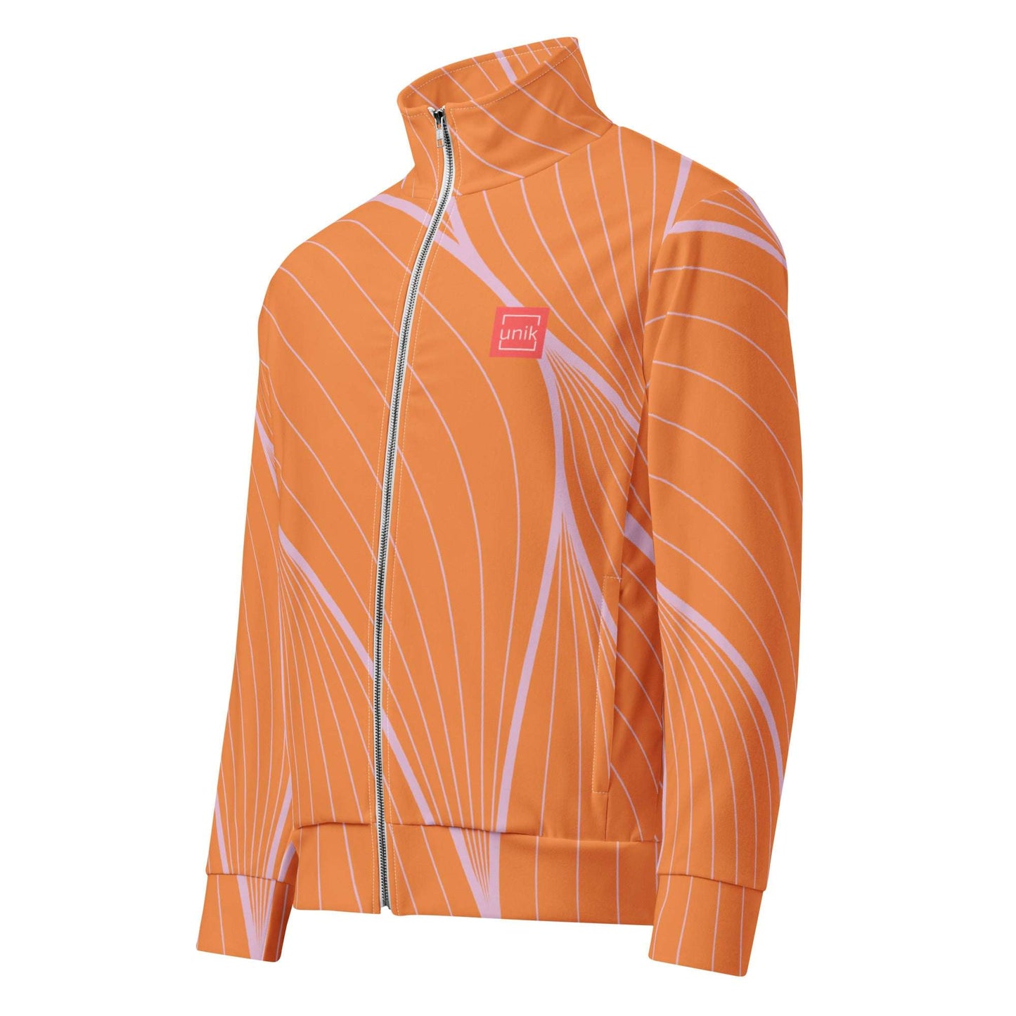 Orange and pink sustainable track jacket by unik.fashion with modern abstract lines and full zipper